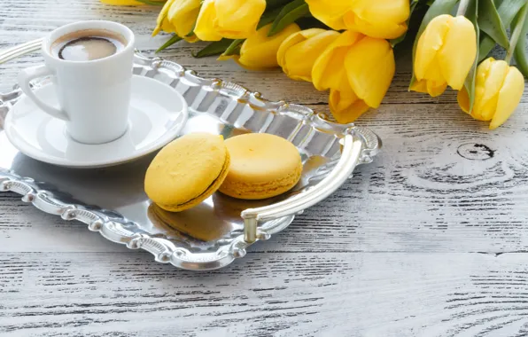 Coffee, cookies, Cup, tulips, tray, Andrey Cherkasov