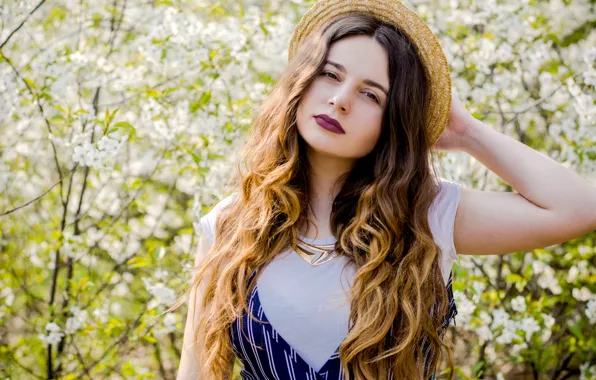 Picture cherry, strip, spring, hat, lipstick, brunette, blooms, decoration