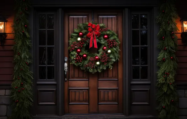 Decoration, New Year, the door, Christmas, Christmas, wreath, wood, New Year