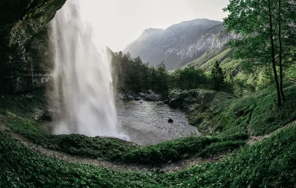 Mountains, hills, waterfall