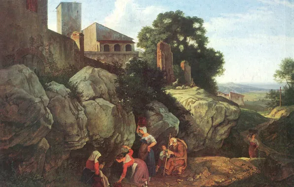 Picture landscape, rocks, picture, source, genre, Ariccia, Adrian Ludwig Richter