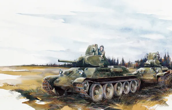 Picture figure, art, tank, Soviet, average, pencils, T-34-76, WW2.