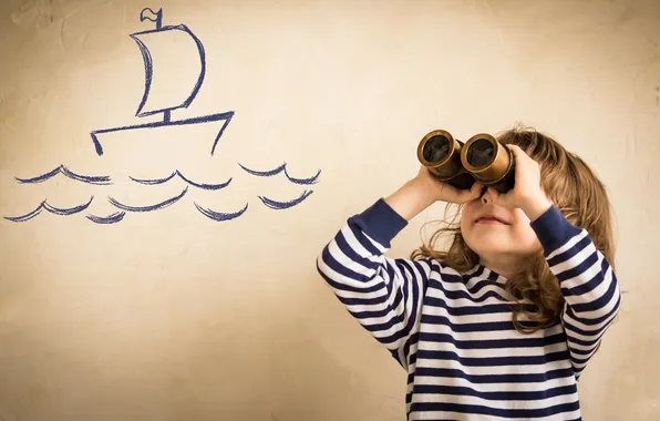 Wave, ship, girl, binoculars, child