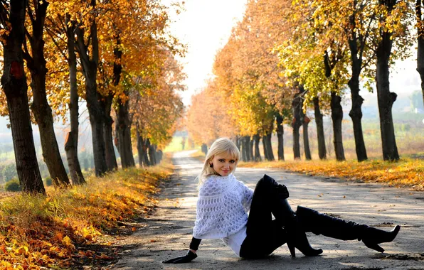 Road, autumn, trees, Girl, blonde