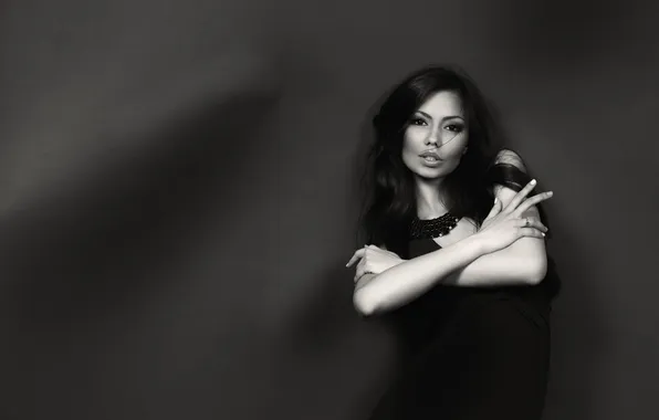 Girl, pose, background, necklace, figure, dress, brunette, black and white