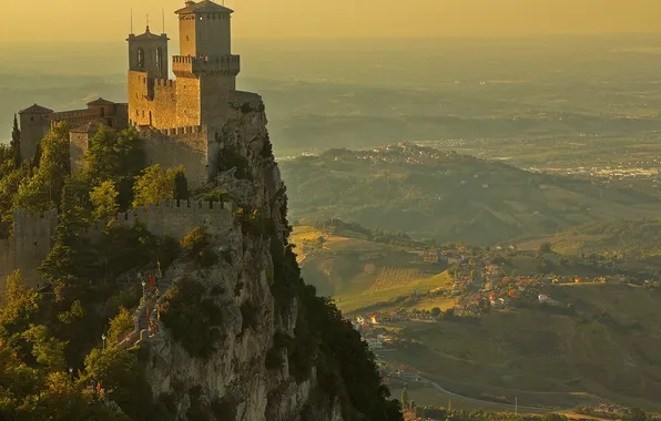 Rock, tower, mountain, valley, Italy, fortress, San Marino
