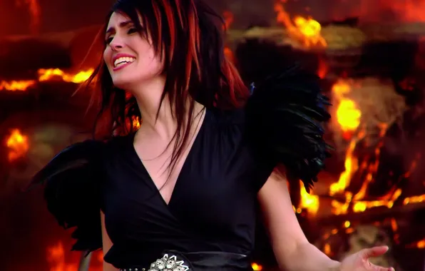 Picture fire, black dress, Within Temptation, Sharon den Adel, The Howling, the feathers on the shoulder