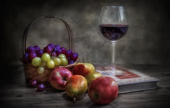 Wine, apples, glass, grapes, still life