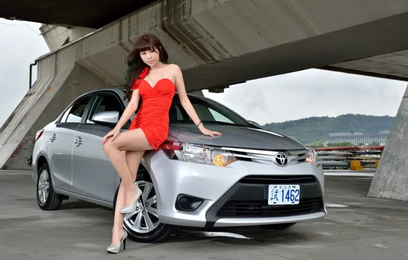 Picture auto, look, Girls, Asian, beautiful girl, posing on the car, Toyota Vios Classic