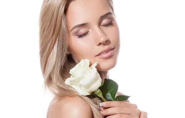 Blonde, eyes closed, white rose