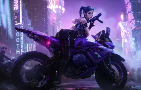 Picture girl, Art, weapons, Cyberpunk 2077, fiction, Biker Girl