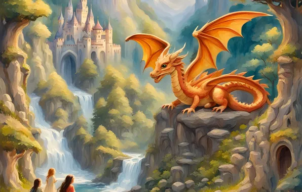 Orange, children, people, castle, rocks, dragon, figure, waterfall