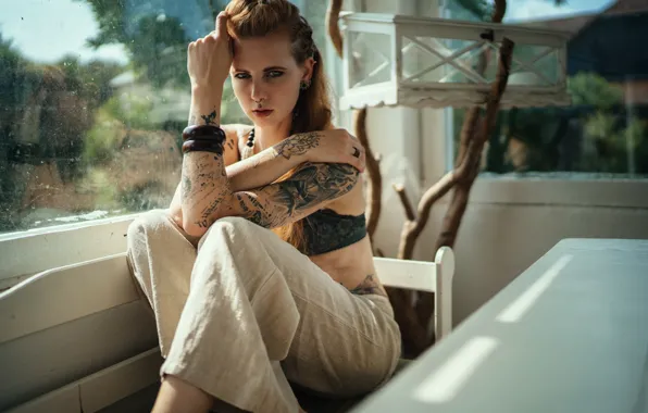 Picture look, pose, style, model, tattoo, window, red, bracelets