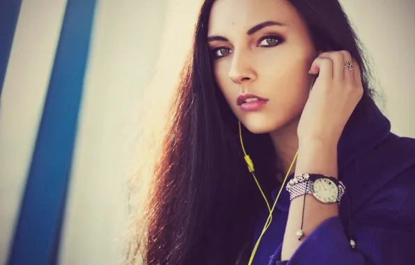 Girl, Blue, Yellow, Headphones, Woman, View, Hair, Piercing