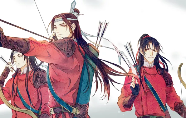 Picture bow, tape, arrows, long hair, quiver, archers, three guys, clan