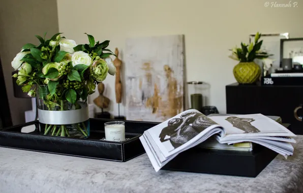 Picture flowers, candle, bouquet, book, vase