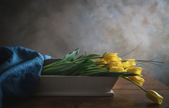 Leaves, flowers, table, towel, bouquet, spring, yellow, tulips