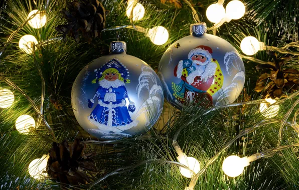 Balls, decoration, lights, tree, Maiden, garland, Santa Claus