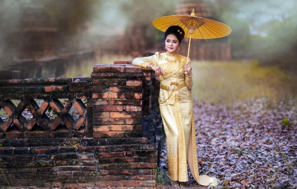 Look, girl, decoration, face, pose, fog, foliage, umbrella