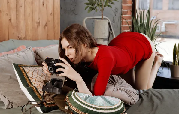 Camera, model, brunette, gorgeous, photoshoot, posing, red dress, beautiful eyes