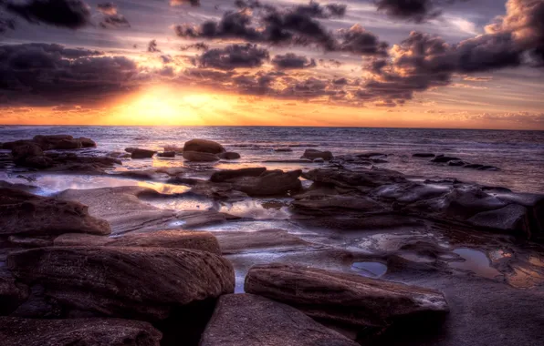 Sea, the sun, sunset, stones