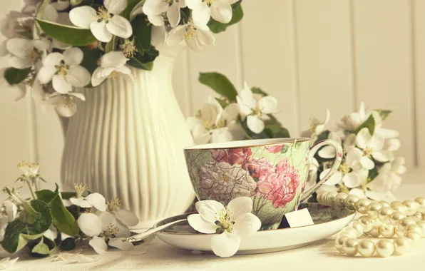 Picture roses, spring, vase, Spring, vase, roses, Cup of tea, cup of tea