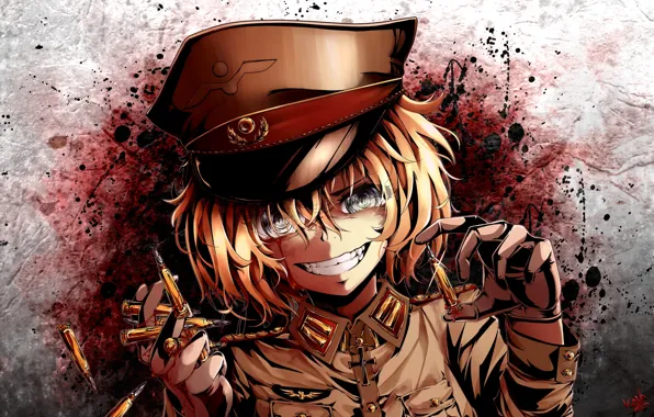 Girl, blood, soldier, military, war, anime, face, blonde
