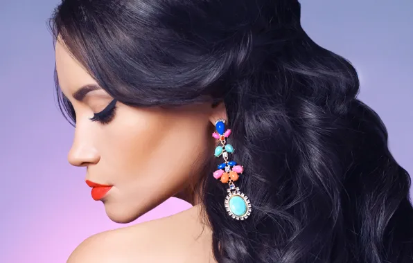 Picture close-up, face, background, earrings, makeup, brunette, hairstyle, profile