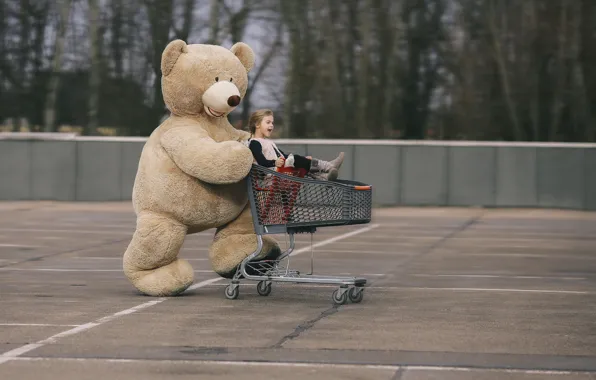 Bear, girl, stroller