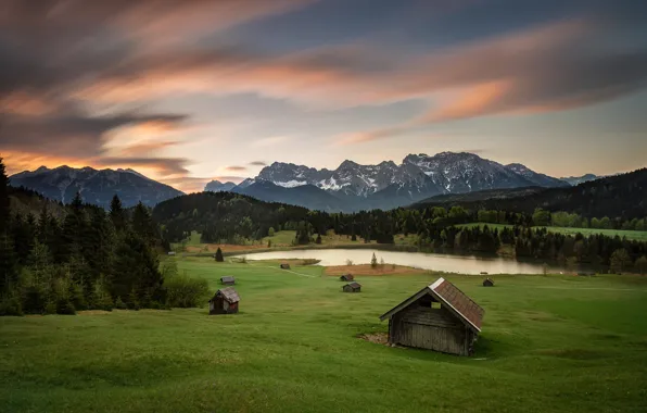 Summer, mountains, morning, Germany, Bayern, Alps, houses, meadows