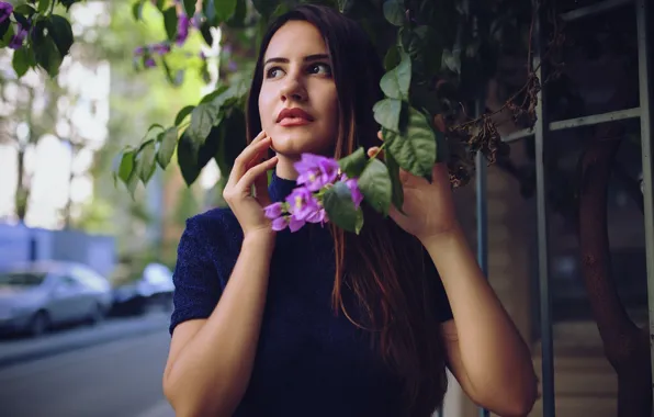 Girl, Lingerie, Beautiful, Blue, Flowers, France, Street, Canon