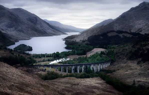 Mountains, train, Bay, viaduct