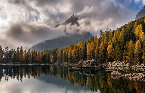 Autumn, forest, the sky, clouds, mountains, nature, lake, reflection