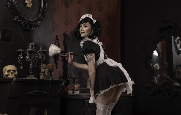 Picture lingerie, stockings, model, women, cosplay, maid, maid outfit, Isabel Luxlo