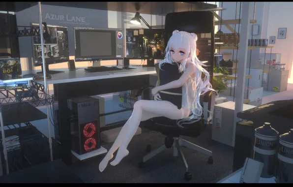 Girl, chair, computers, Azur Lane, malignant