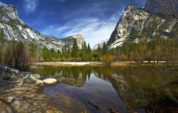 Forest, trees, mountains, lake, reflection, CA, Yosemite, California