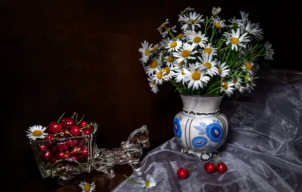Flowers, cherry, berries, the dark background, table, horse, horse, chamomile