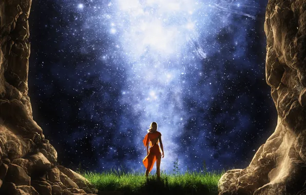 Picture the sky, girl, stars, night, rocks, stage, back, render