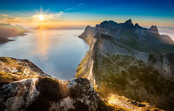 Sea, sunset, mountains, cliffs