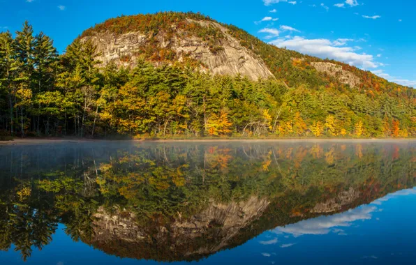 Autumn, the sky, water, trees, lake, reflection, rocks, shore