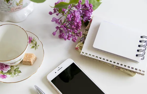 Mug, Notepad, phone, lilac