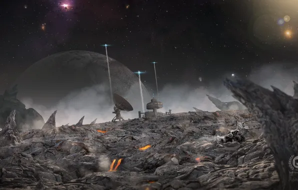 Stones, planet, antenna, stars, the outpost, Landshaft