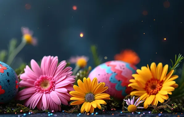 Flowers, eggs, spring, colorful, Easter, flowers, spring, Easter