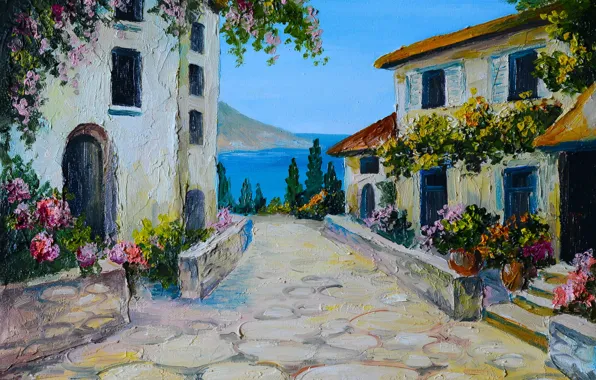 Picture summer, flowers, river, street, home, window