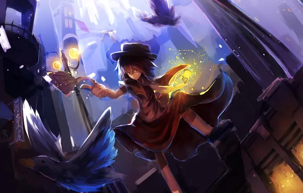 Girl, birds, the city, home, hat, anime, art, lights