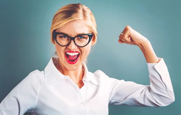 Girl, Glasses, Blonde, Grey background, A strong young woman
