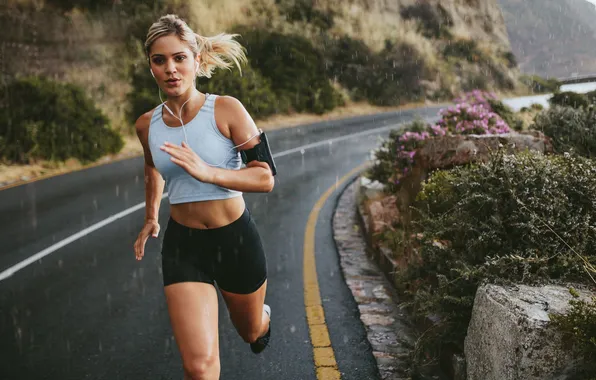 Road, girl, rain, headphones, figure, running, runs, headphones
