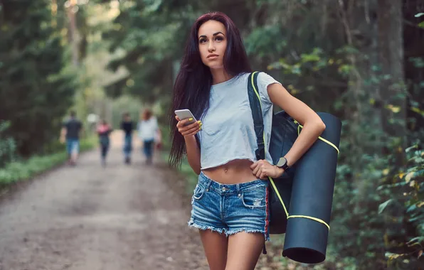 Picture girl, shorts, shirt, dressed, tourist, hipster