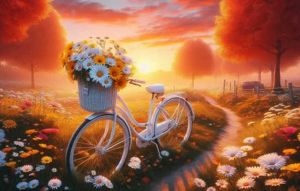 Forest, summer, trees, sunset, flowers, nature, bike, bouquet