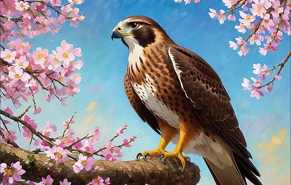 Look, flowers, branches, pose, tree, bird, spring, Falcon
